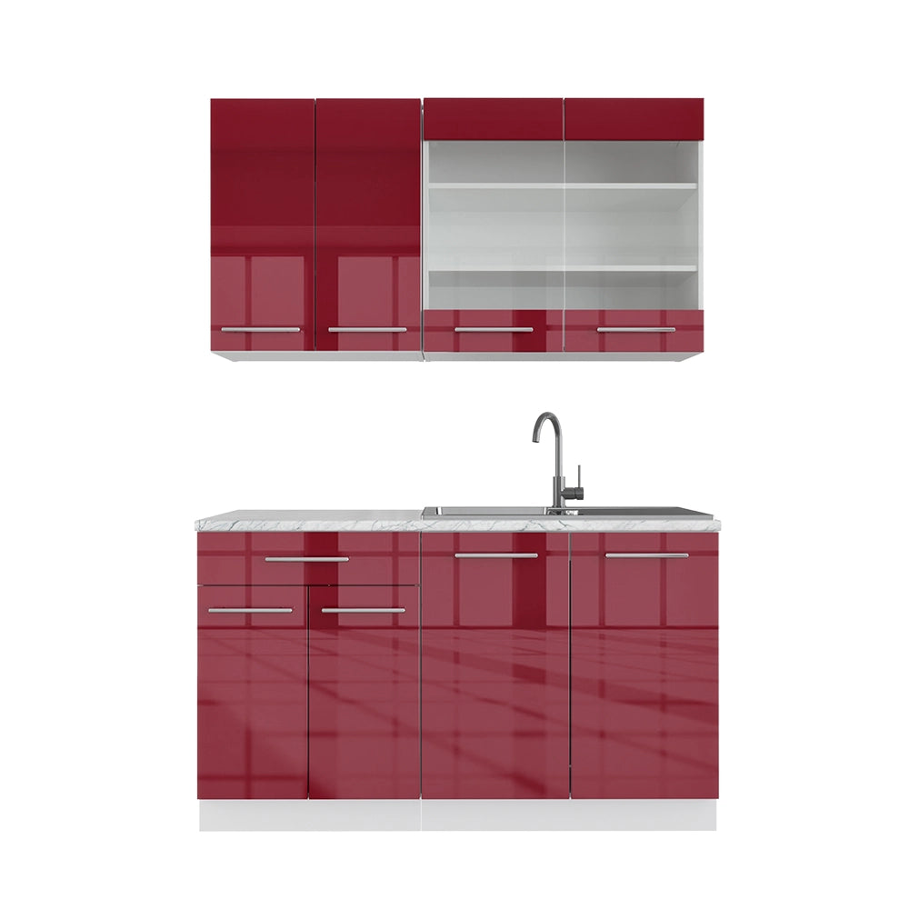 Cucina completa Fame-Line Bordeaux lucido/Bianco 140 cm, PL Marmo Vicco