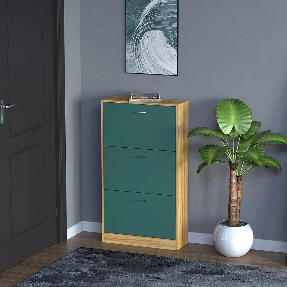 Scarpiera 3 Ante Ripiani Doppia Profondità con Maniglia Verde Quercia 63x24x115cm