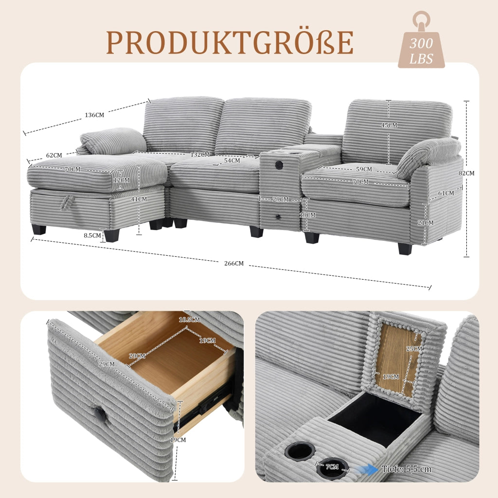 Divano ad angolo in cord con console scorrevole, porta USB-C, tasche laterali e pouf contenitore grigio chiaro