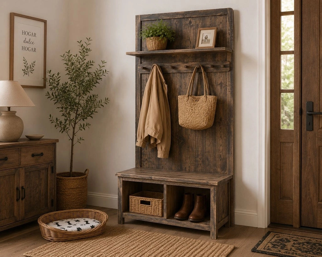 Tavolino da ingresso in legno marrone con panca 88x39x200h cm