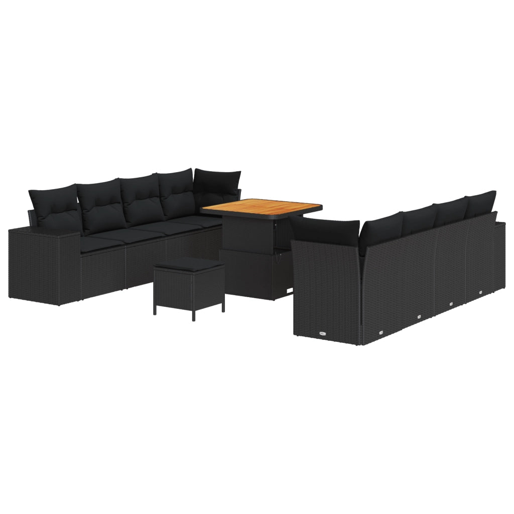 Set di divani da giardino 11 pezzi con cuscini Nero Polyrattan Acacia