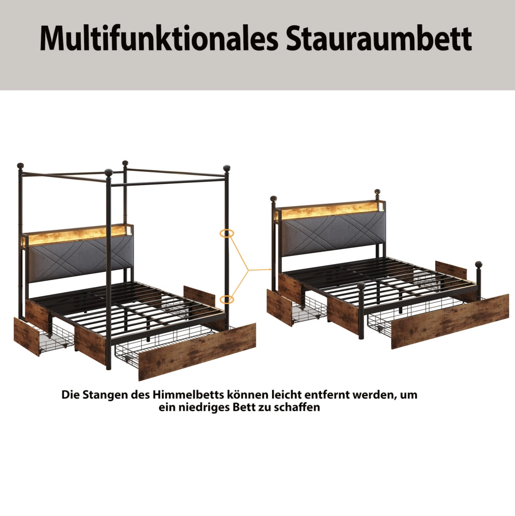 Letto a baldacchino multifunzione 140x190 cm con LED; USB/Type-C; cassetti; nero