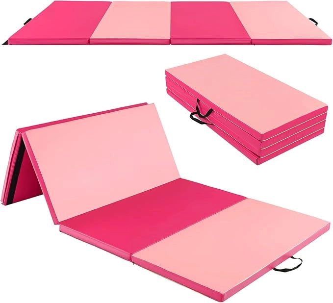 Tappetino Fitness Yoga, 240x120x5 cm, 4 Segmenti Pieghevoli, Materassino da Ginnastica, Impermeabile in Schiuma PU, con Manici, Leggero e Portabile, Trasporto Facile(Rosa)