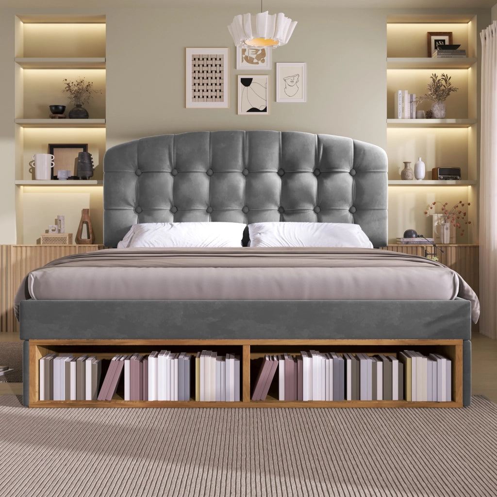 Letto matrimoniale 140x200 cm, rivestimento in velluto, testiera regolabile, 2 cassetti, grigio
