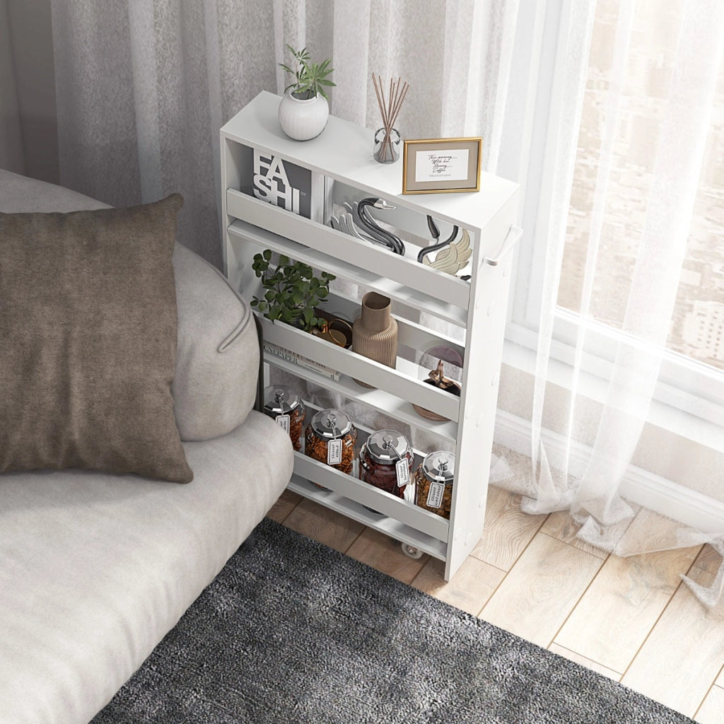 Carrello portaoggetti con maniglia ruote da cucina, Scaffale mobile salvaspazio con scaffali stretti Bianco