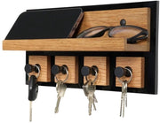 Sostegno chiave con pannello di quercia - Supporto chiavi in nero lucido - 4 ganci in alluminio di alta qualità - 26 x 15 x 8 cm - inclusa guida di montaggio e accessori