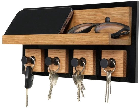Sostegno chiave con pannello di quercia - Supporto chiavi in nero lucido - 4 ganci in alluminio di alta qualità - 26 x 15 x 8 cm - inclusa guida di montaggio e accessori
