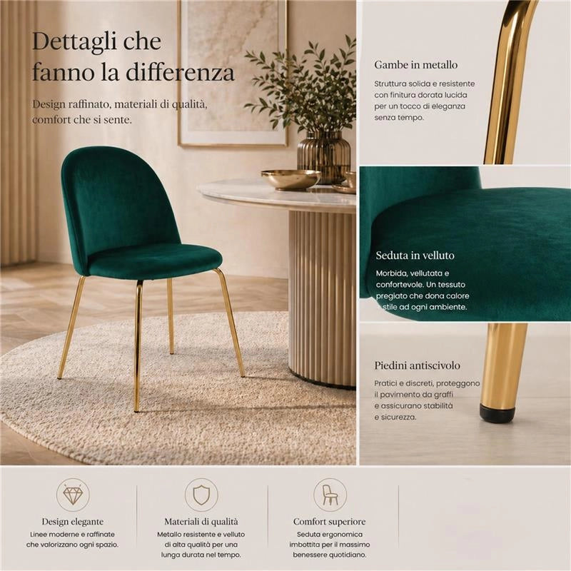 SET 4 SEDIE IN VELLUTO VERDE CON PIEDI IN METALLO COLOR ORO DIMENSIONI 42X53,5X86,5H CM