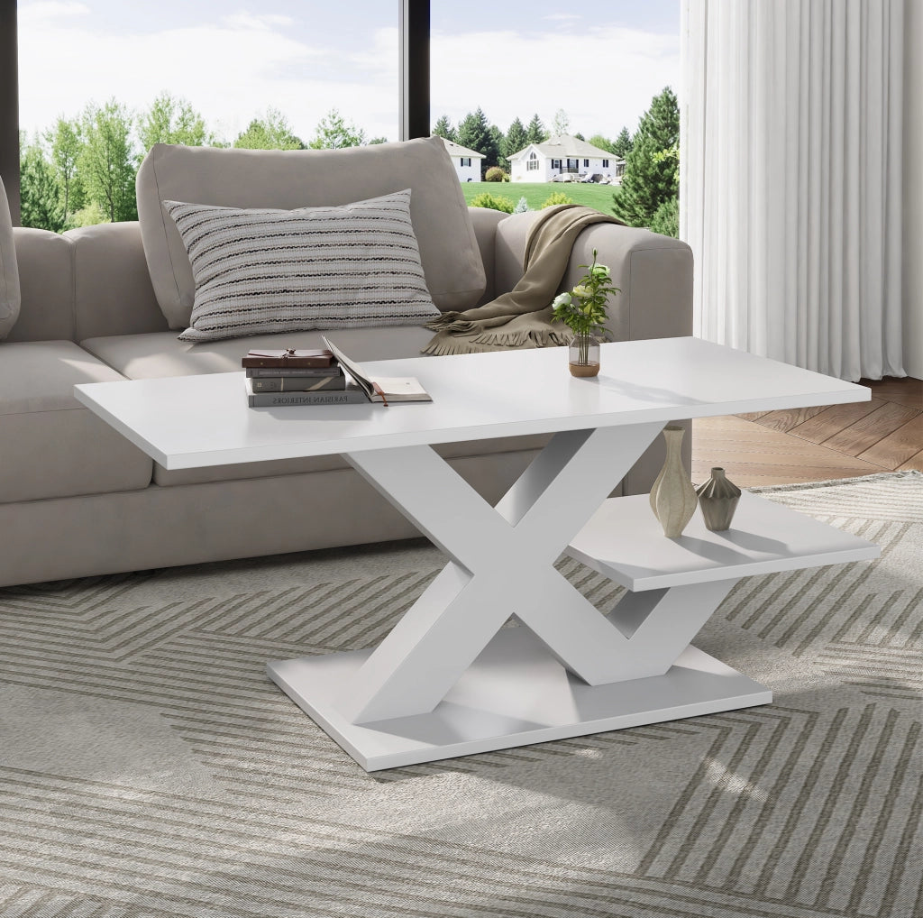 Tavolino da caffè rettangolare bianco lucido 100x48x45 cm in MDF con doppio ripiano