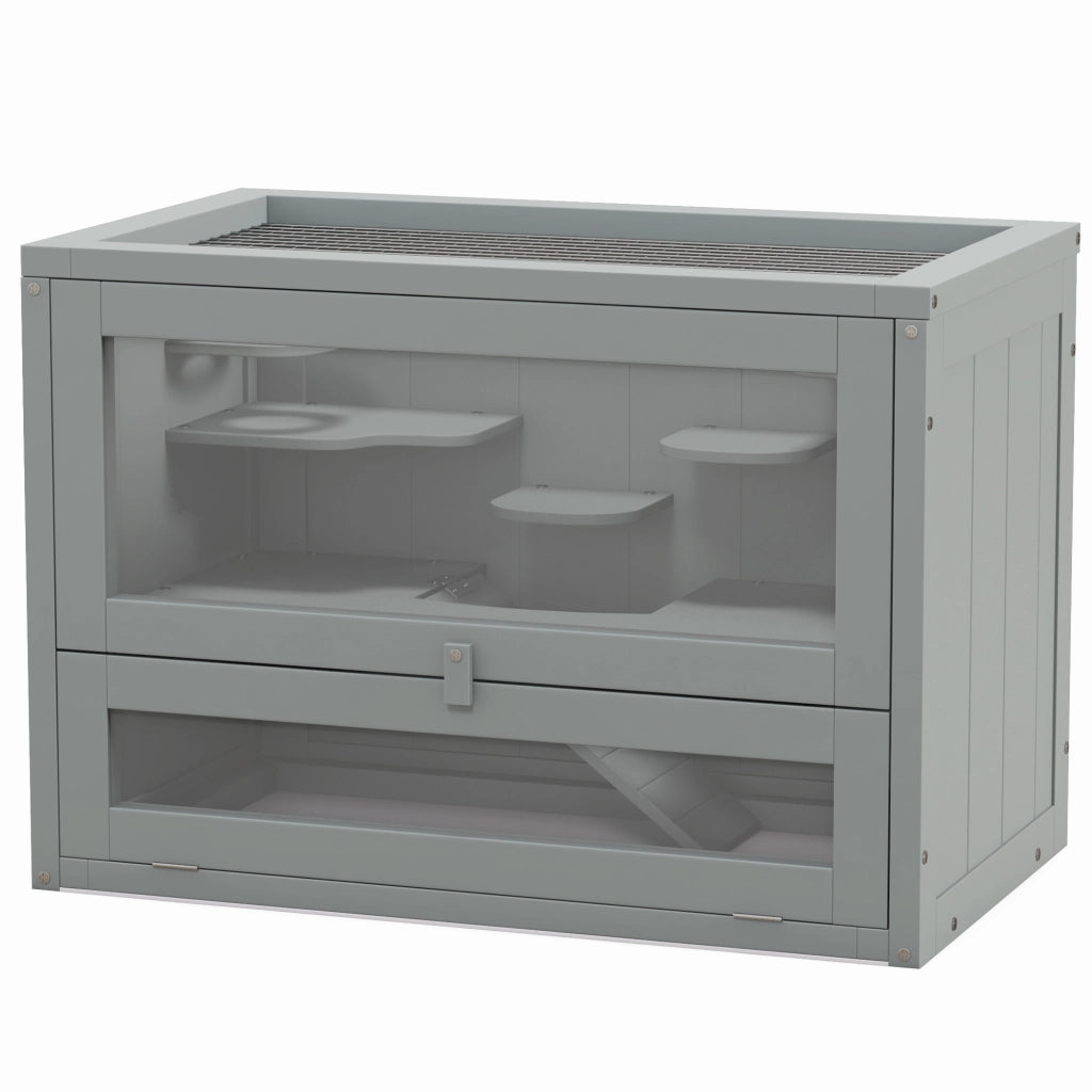 Gabbia per Criceti in Legno a 2 Livelli con Scale e Piattaforme 60x35x42 cm Grigio ¨C zephmum