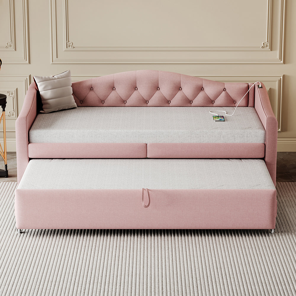 Letto estensibile 90x200 cm - Xylo - USB, classico, multifunzionale, lino rosa