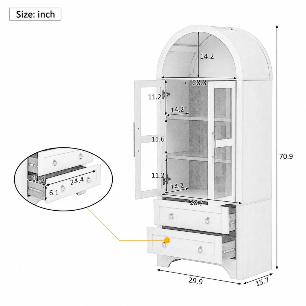 Credenza alta con 2 ante in vetro e 2 cassetti; ripiani regolabili - per cucina - bianco