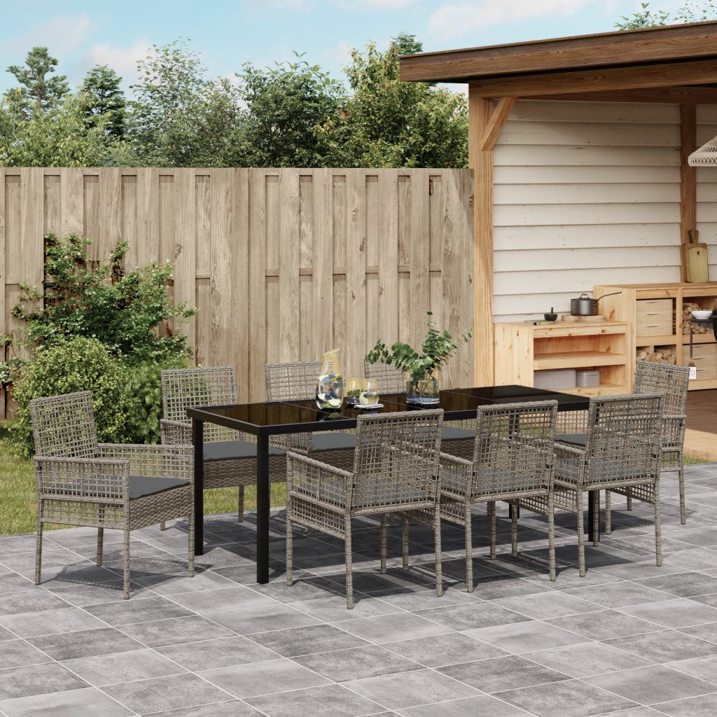 Set da pranzo per giardino 9 pezzi con cuscini grigio in polyrattan