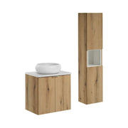 Set VANO aspetto quercia e bianco 90cm: mobile sotto lavabo con armadietti + piano per lavabo + lavabo da appoggio rotondo + colonna