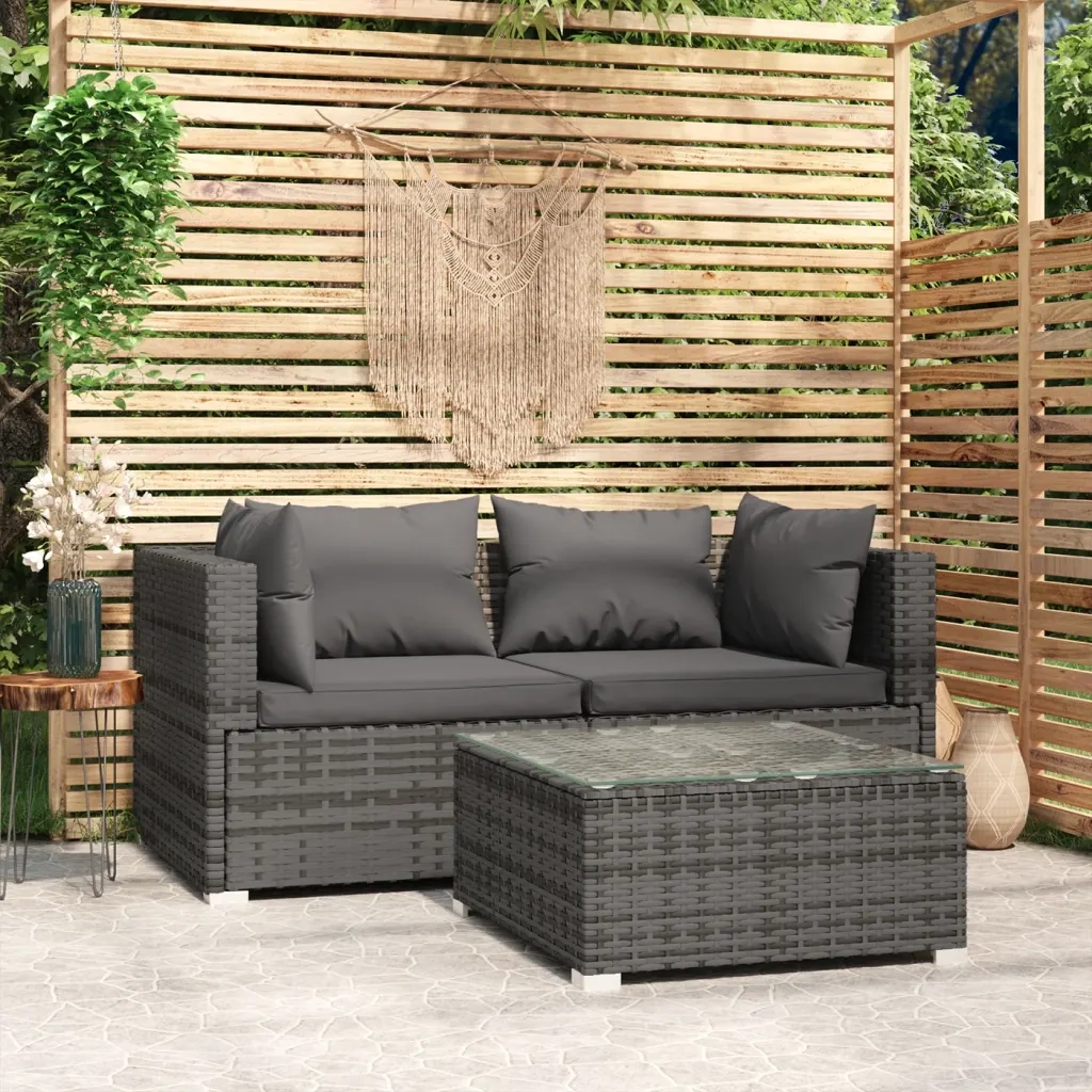 Set Divani da Giardino 3 pz | Set Salotto da Giardino con Cuscini in Polyrattan Grigio