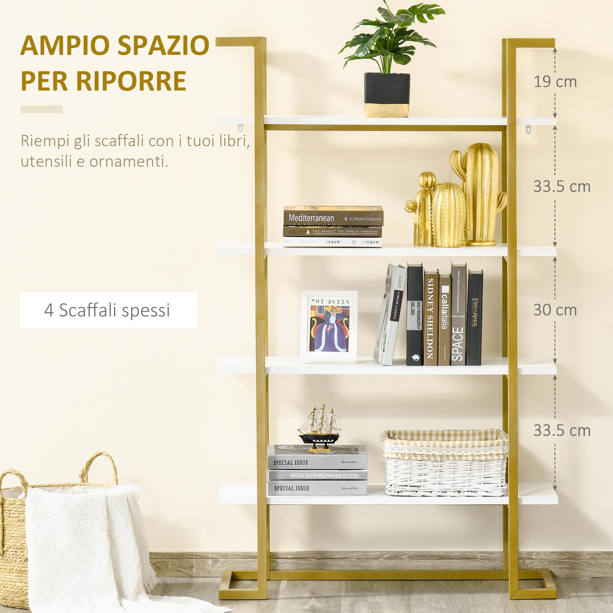 Libreria 4 Ripiani 92x35x152 cm in MDF e Acciaio Bianco e Oro