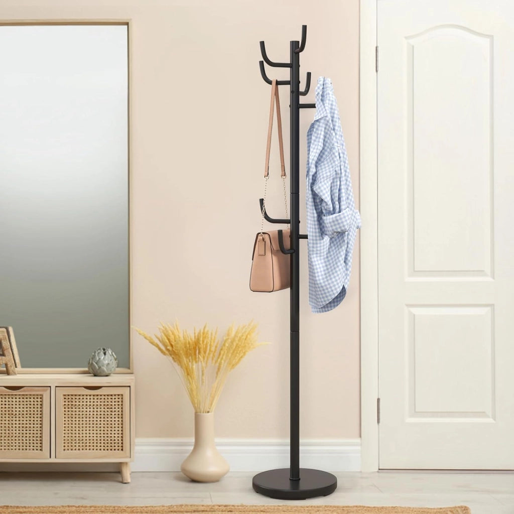 Attaccapanni in Metallo, Attaccapanni da Terra con 8 Ganci Robusti e Base Resistente, per Vestiti Borse Cappelli, 33,5 x 175 cm