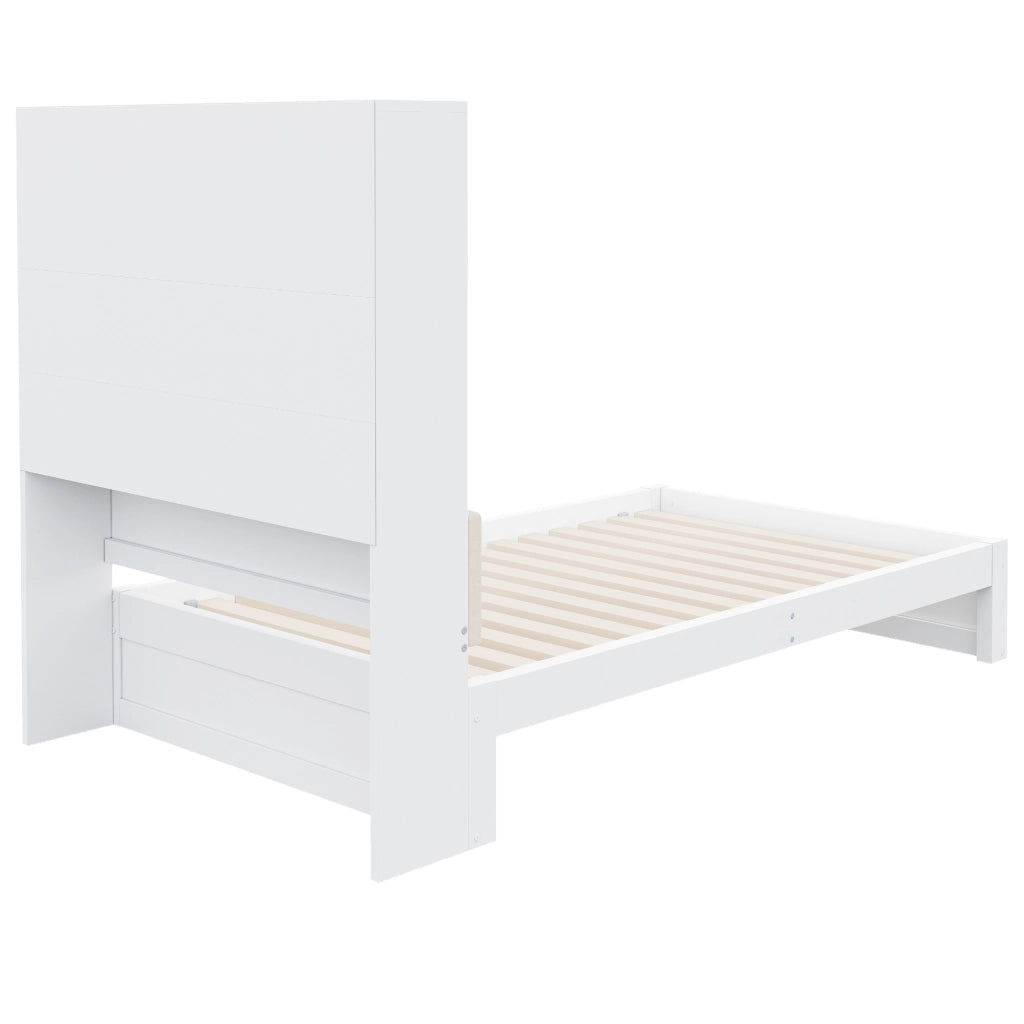 Letto in legno 90 x 200 cm, testiera imbottita, con vano portaoggetti, illuminazione a LED, presa di corrente, 2 cassetti, bianco