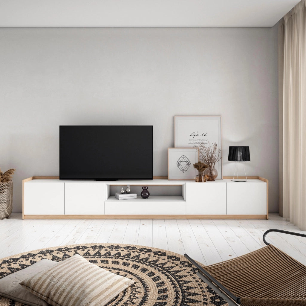 Mobile TV Soggiorno, 310x50x37 cm, Per TV fino a 80", Mobile Soggiorno, Bianco e Rovere soft
