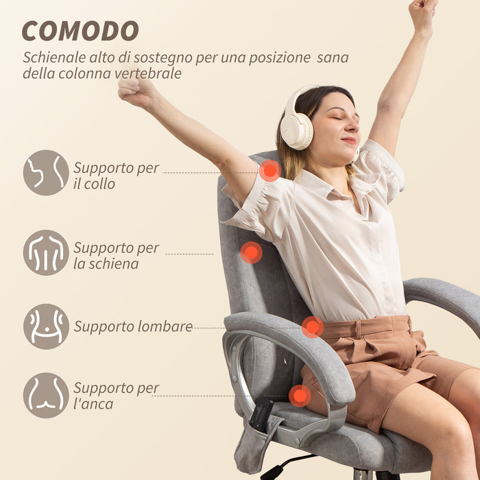 Sedia da Ufficio Operativa Massaggiante a 4 Punti con Riscaldamento 65x70x111-119 cm Tessuto Vellutato Grigio