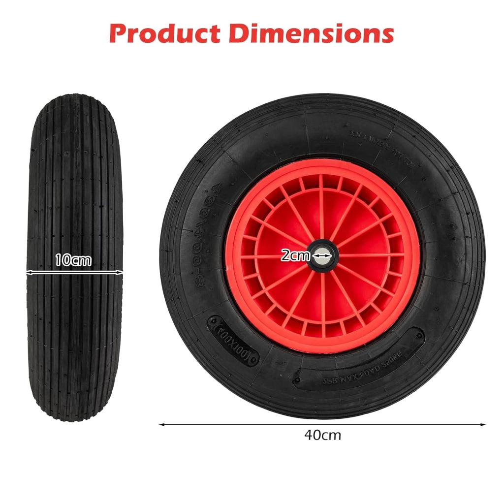Ruota Pneumatica per Carrello Carriola, Dimensioni 4.80/4.00-8, 250KG Max, Diametro 40 CM, Asse Ø20 MM, Larghezza 10 CM, Cuscinetto a Rullini Robusto - Nero+Rosso (2)