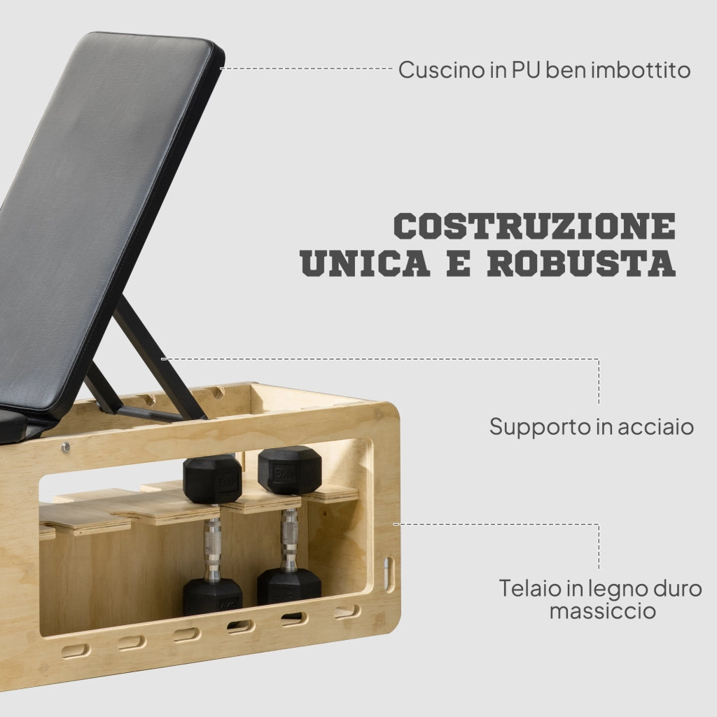 Panca Multifunzione con Schienale Regolabile, Vano Contenitore, Rack per Pesi ed Elastici, Legno