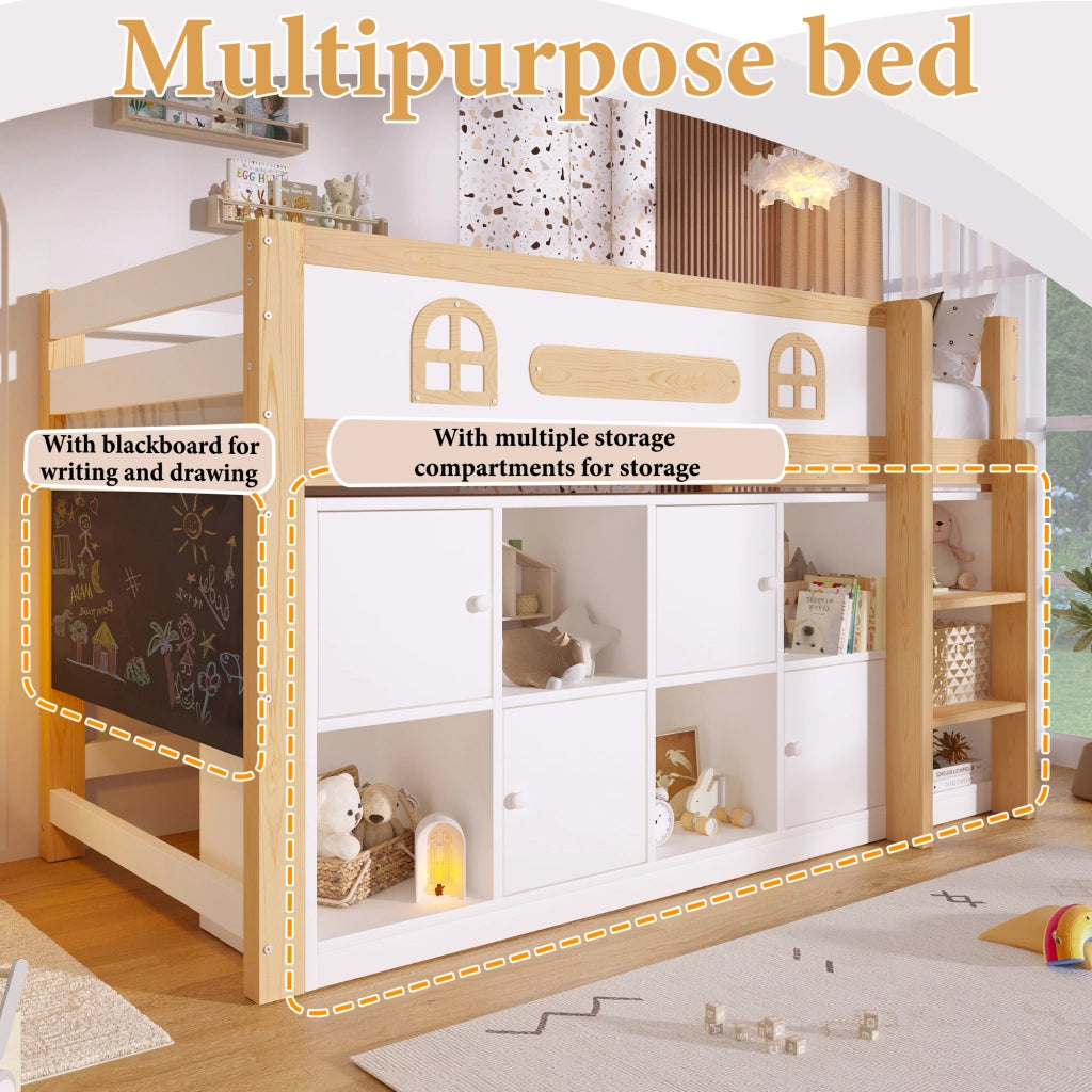 Letto a soppalco 90 × 200 cm con lavagna, ripiani e scala, senza materasso, bianco e naturale