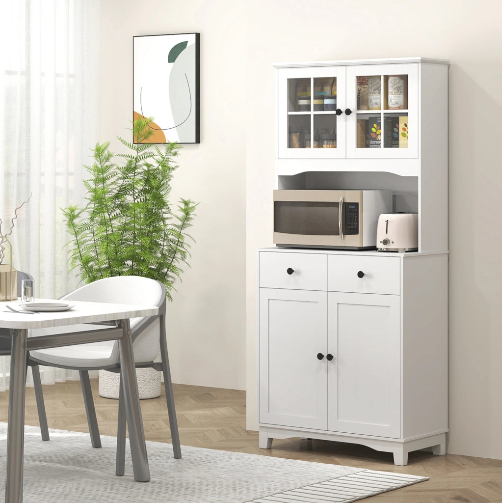 Mobile alto da cucina con ripiano per microonde; 2 armadietti e 2 cassetti; bianco