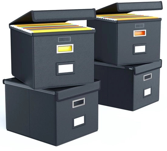 Cassetta di archiviazione pieghevole di tessuto con coperchio, materiale di apprendimento migliorato, cassetta di appoggio per mappe A4 da appendere, cassette di archiviazione per ufficio, cassetta pieghevole per famiglie (nero) 4-pack