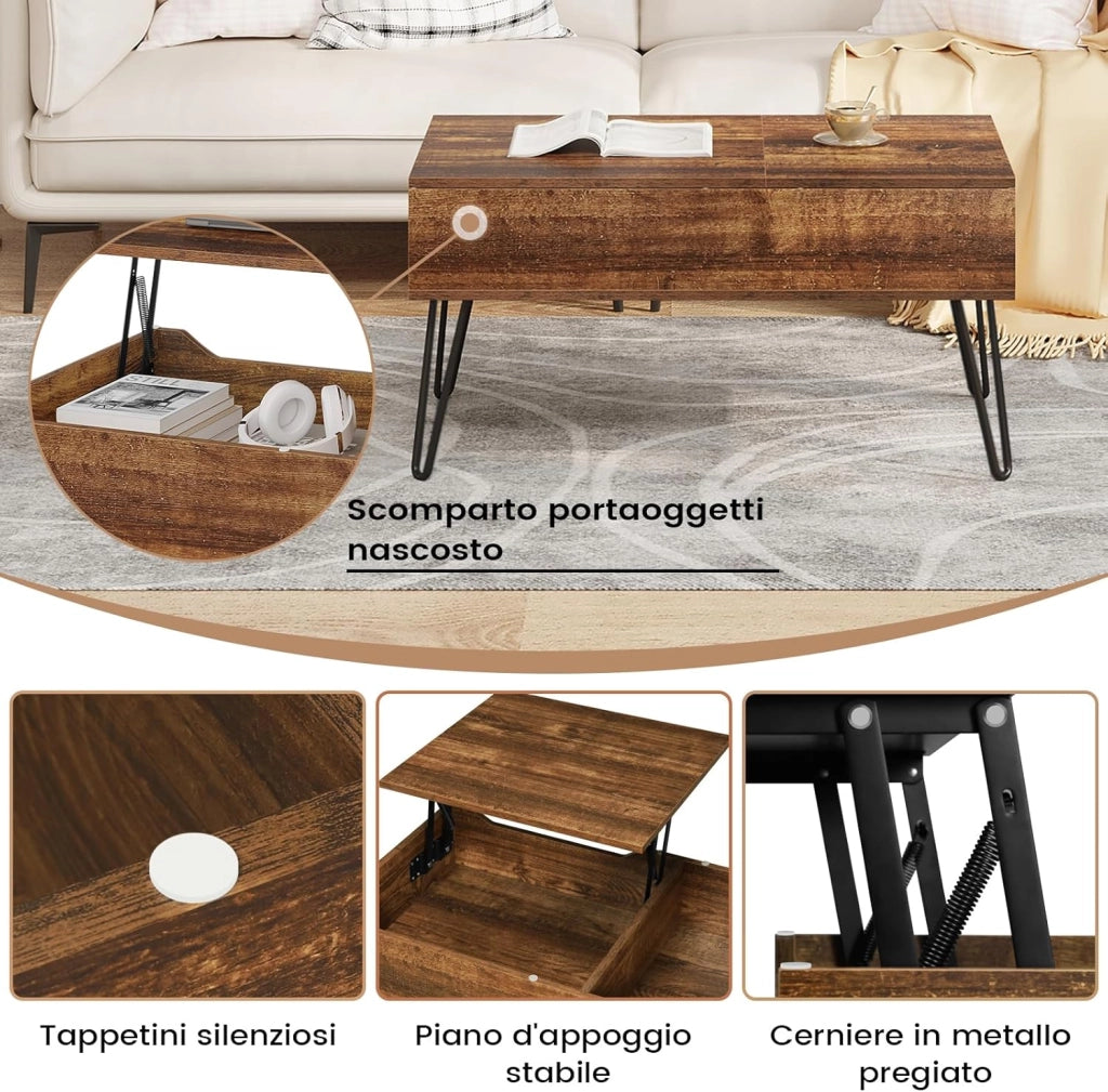 WOLTU Tavolino da Caffè Sollevabile, Tavolino da Divano con Scomparto Nascosto, Tavolino da Salotto Industriale, Tavolino da Soggiorno con Gambe in Metallo, Marrone Rustico, BTS14vbn