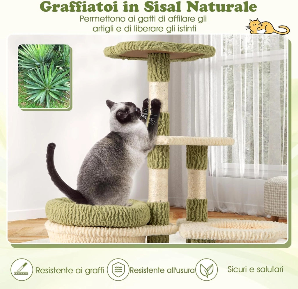 Tiragraffi per Gatto Alto 100 cm, Albero Tiragraffi Gatto con 3 Pali in Sisal, 4 Piattaforme e Grotta, Cuccia Albero Gatto Rivestito in Peluche, Verde e Bianco