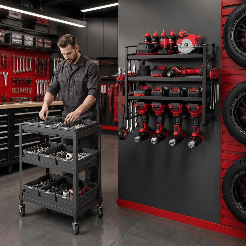 Tool Storage Wall Mount, 4-tier Storage Rack With 4 Drill Bit Holders, Tool Holder With Screwdriver Holder, Garage Tool Organizer For Garage, Workbench & Workshop