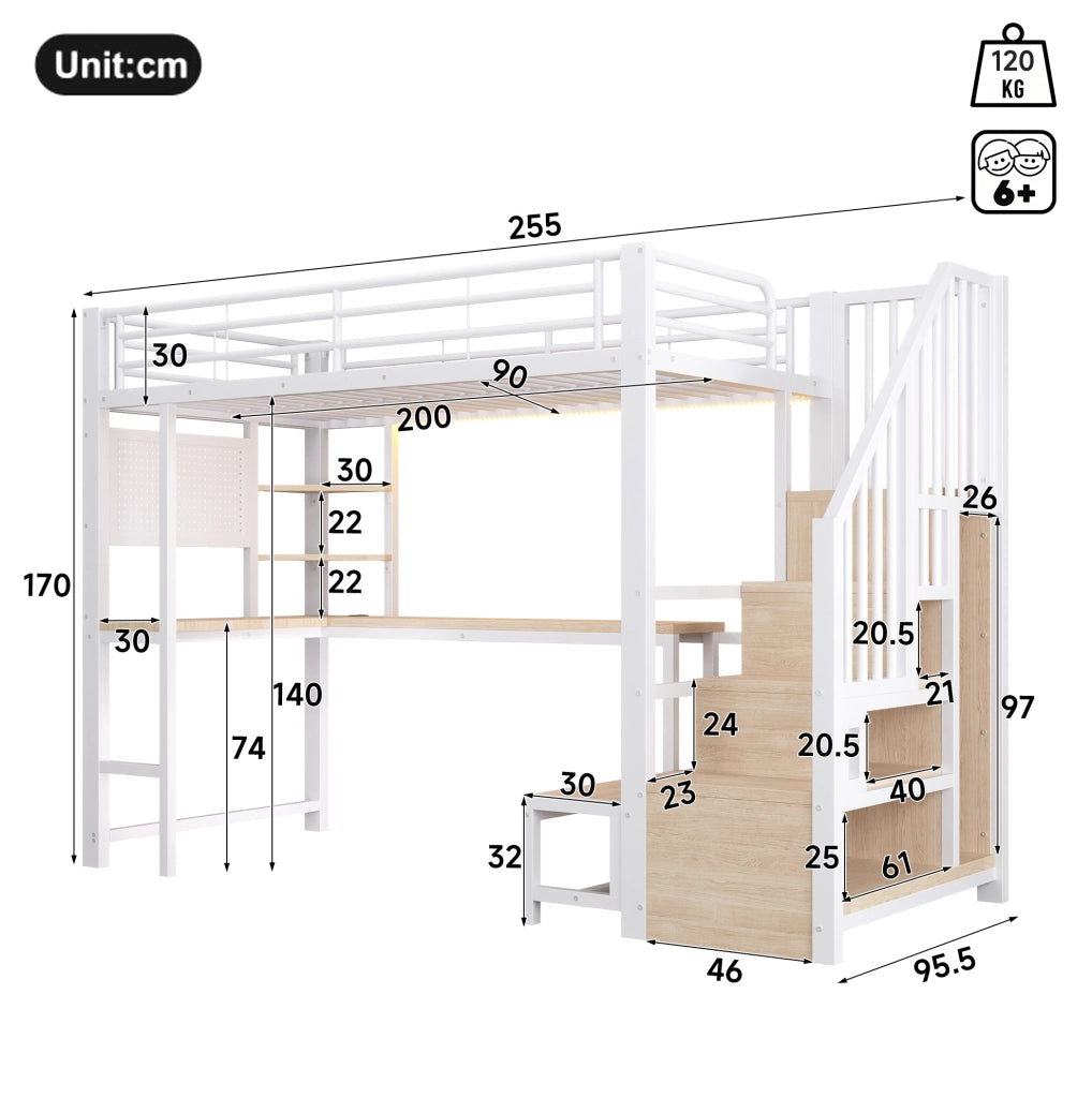 Hochbett 90x200 cm con scrivania; pannello forato; scale con ripiani; LED e porte USB; bianco