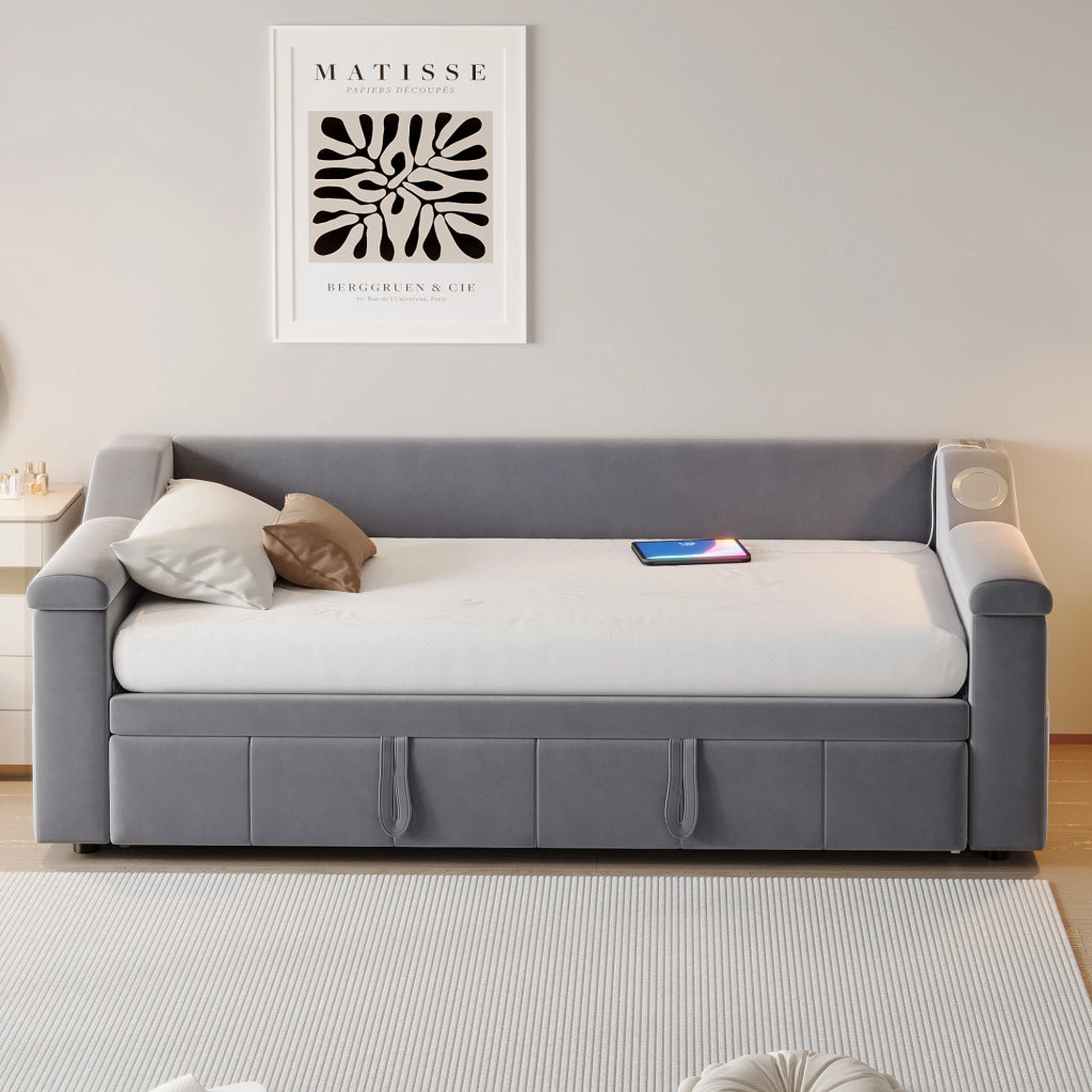 Letto imbottito estraibile matrimoniale 90×190 cm e 180×190 cm con USB; ripiani e Bluetooth; senza materasso; grigio