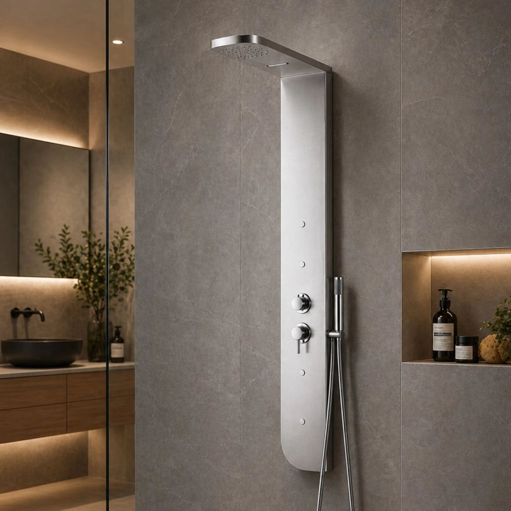 Colonna doccia acciaio inox 4 funzioni getto a cascata 4 bocchette idro lombari l20xp50xh150 005 *** finitura- spazzo...
