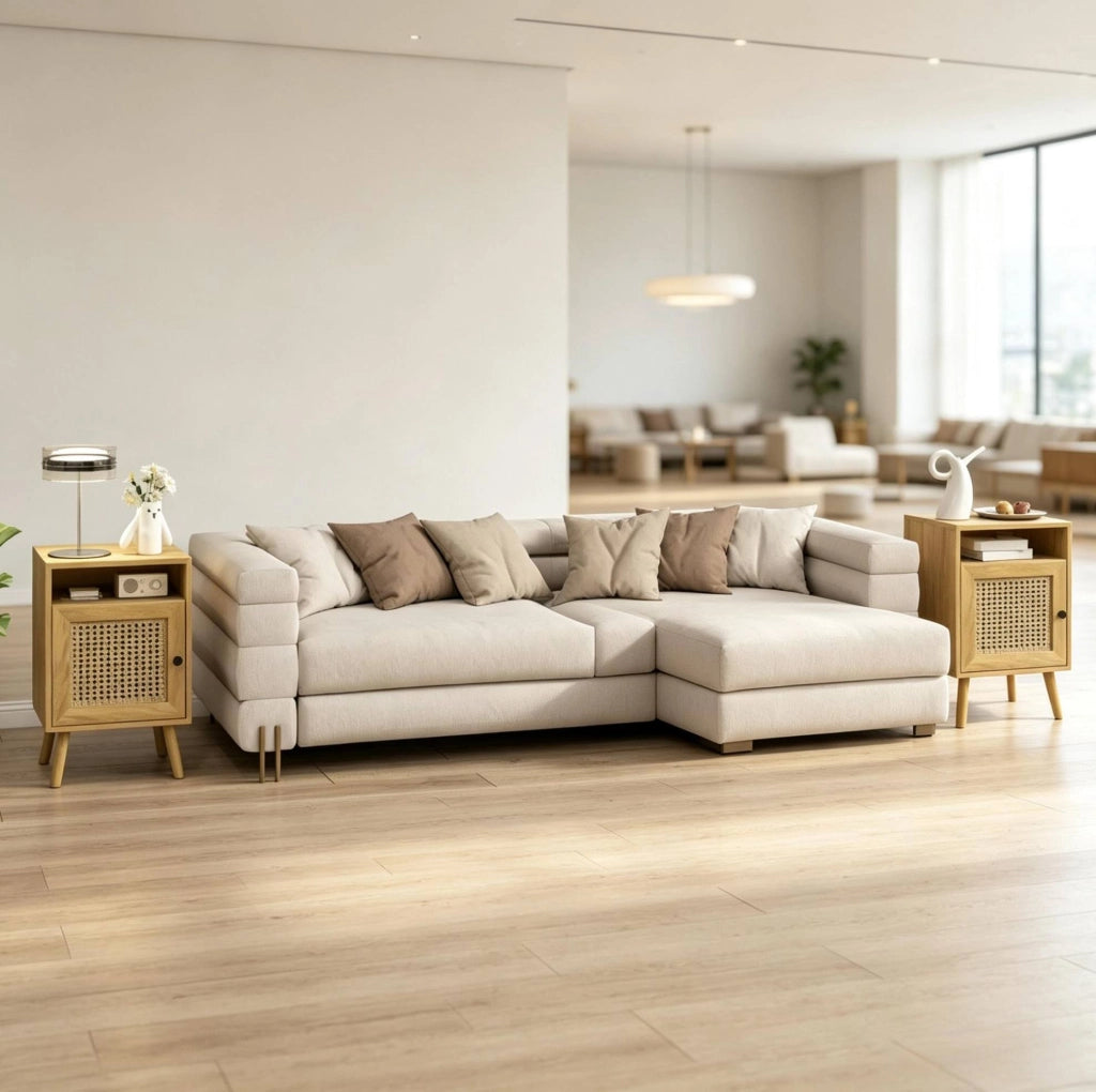 Set di 2 comodini in MDF e rattan, colore naturale, 39 x 35 x 60 cm