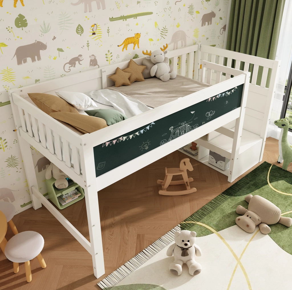 Letto a soppalco per bambini 90 x 200 cm bianco con scala contenitore e lavagna