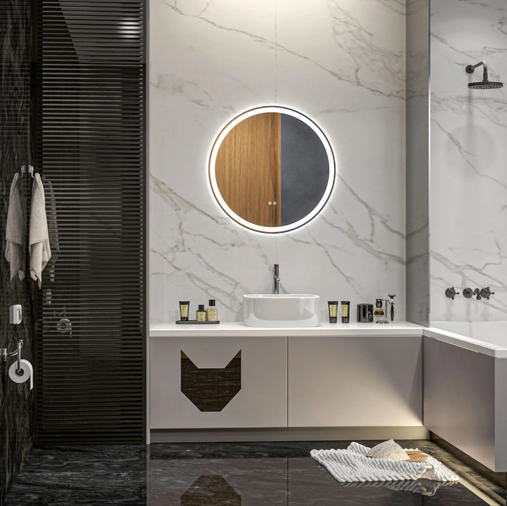 Specchio da bagno LED Ø 60 cm con touch, funzione memoria e antiappannamento, cornice in alluminio
