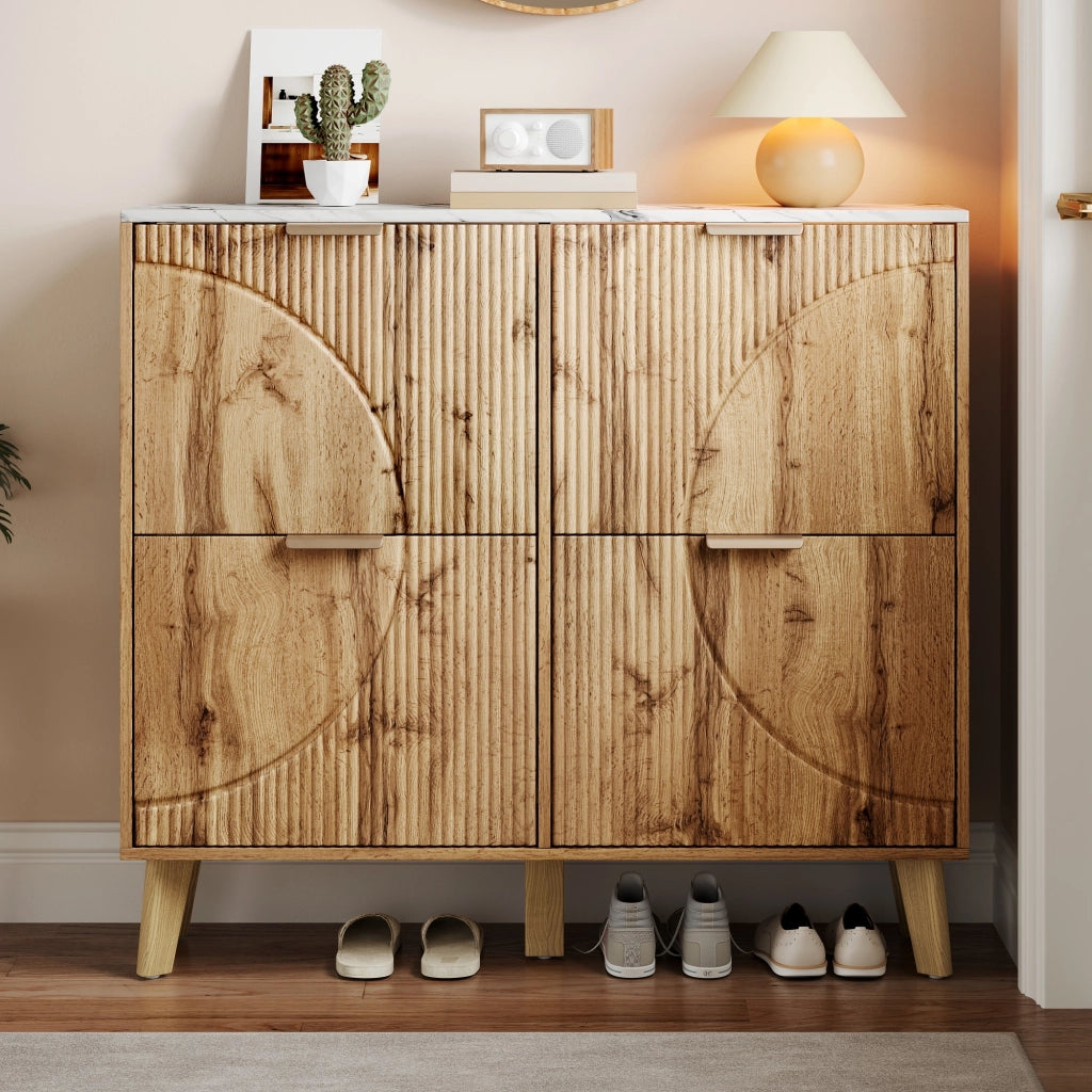 Scarpiera salvaspazio con 4 ante a ribalta e piano effetto marmo per ingresso in MDF naturale 105 × 24 × 95,5 cm