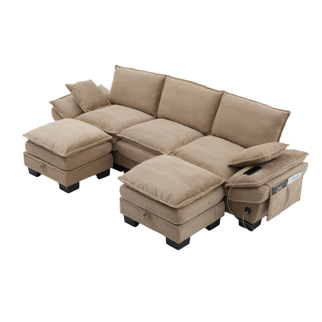 Divano modulare a 3 posti in velluto a coste khaki con 2 pouf, USB-C e tasche laterali