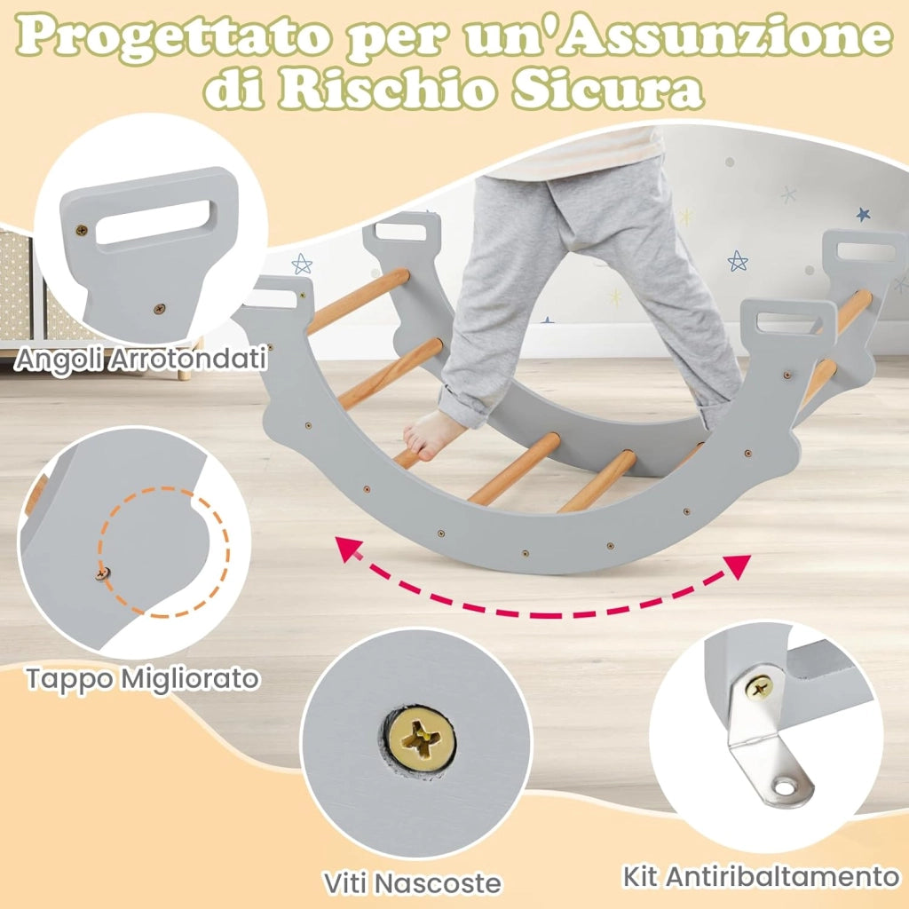 Arco da Arrampicata per Bambini, 2 in 1 Altalena ad Arco in Legno con Cuscino Morbido e Doppia Faccia, Ideale per Bambini 1+ Anni (Grigio)