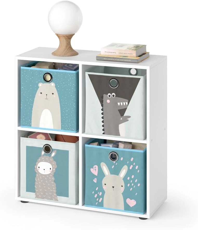 Libreria bambini Tetra, Bianco, 72.6 x 72 cm con 4 scatole pieghevoli, adatto per riporre giocattoli e libri