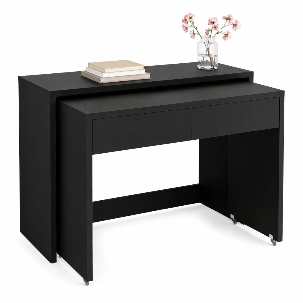 Scrivania pieghevole 2 in 1 nera con ruote e 2 cassetti