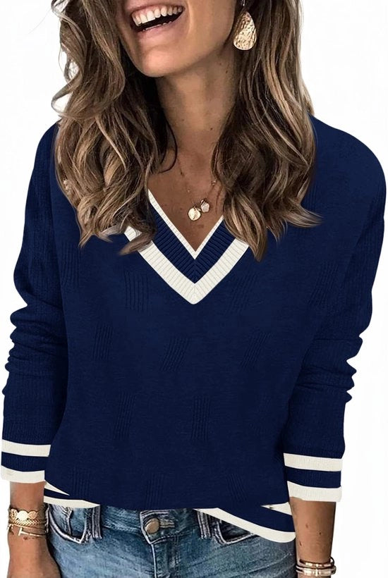 Maglia con collo V - Tela a maglia - Lunghe maniche - Casual - Elegante disegno a contrasto - Alta qualità di tessuto a maglia