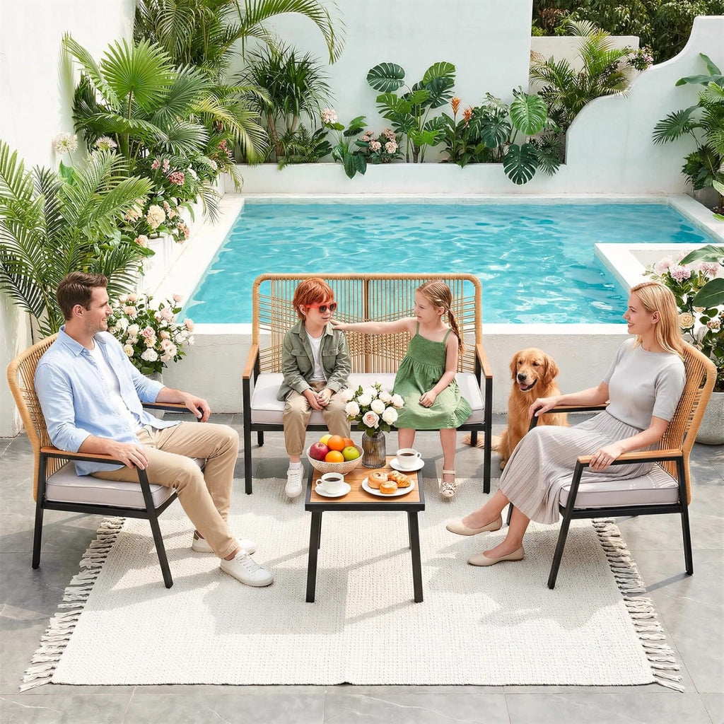 Set di mobili da giardino, Set da 3 sedie da giardino in rattan, 2 sedie da patio con tavolino, fino a 160 kg, resistenti alle intemperie, braccioli in WPC, per patio, giardino, veranda,Beige