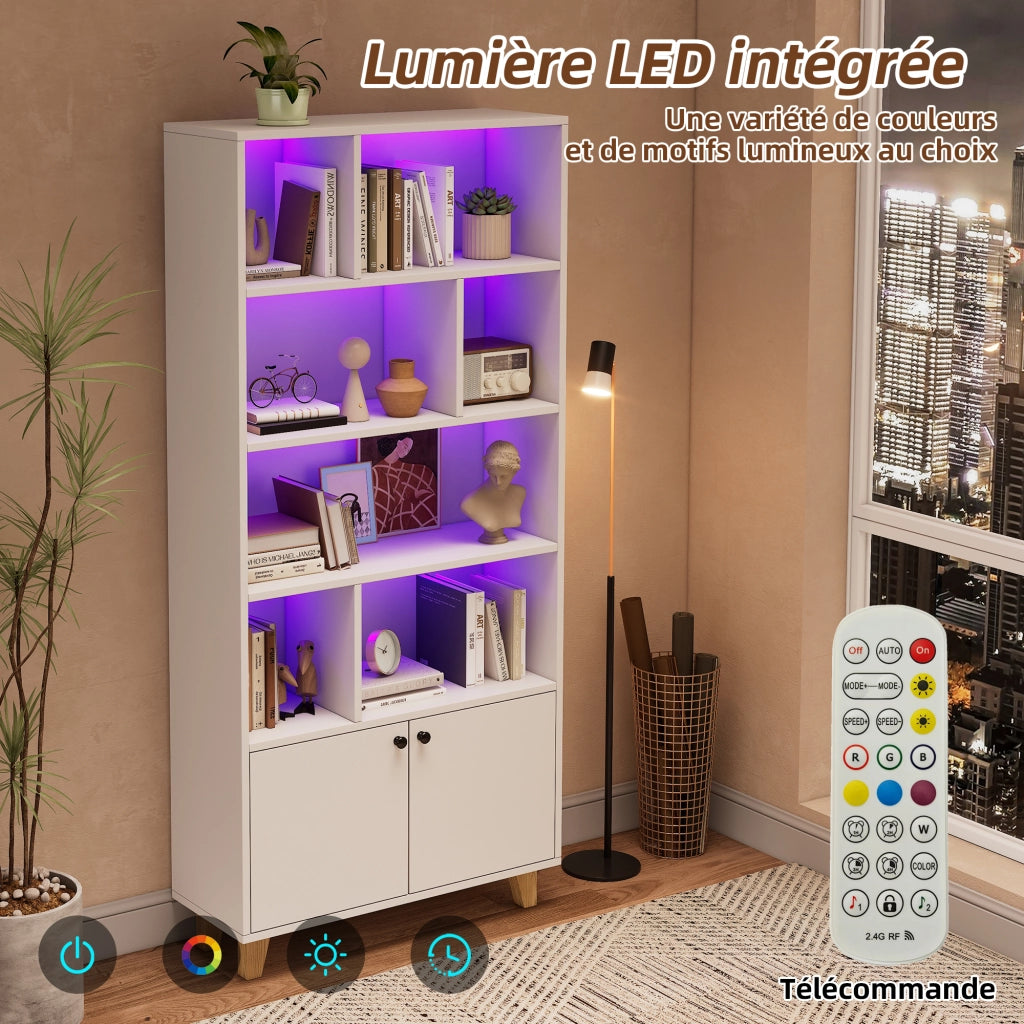 Libreria con 2 Ante; 7 Vani e LED con Controllo tramite App; per Soggiorno in Legno massello e MDF 80 × 30 × 173 cm Bianca