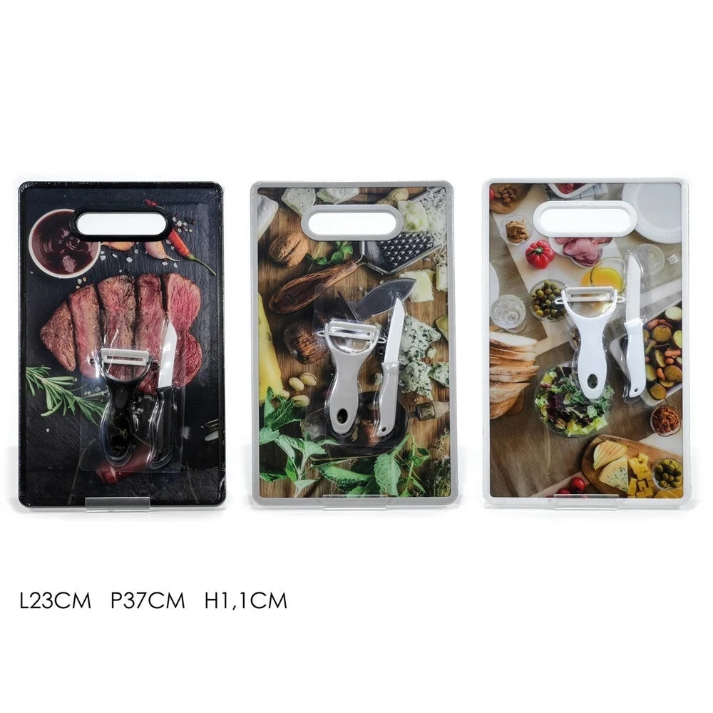Trade Shop - Set Tagliere In Plastica Con Coltello Pelapatate Da Cucina Stampa Alimentare 3 Fantasie -