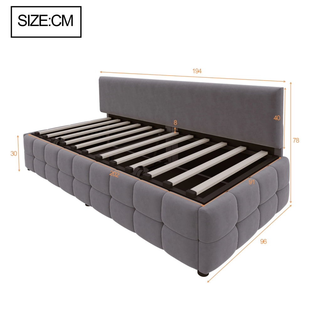 Letto imbottito 90x200 cm con contenitore idraulico, testiera senza braccioli, velluto grigio