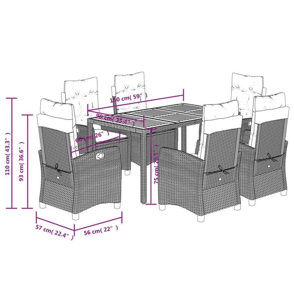 Set da Pranzo da Giardino 7 pz Nero con Cuscini in Polyrattan