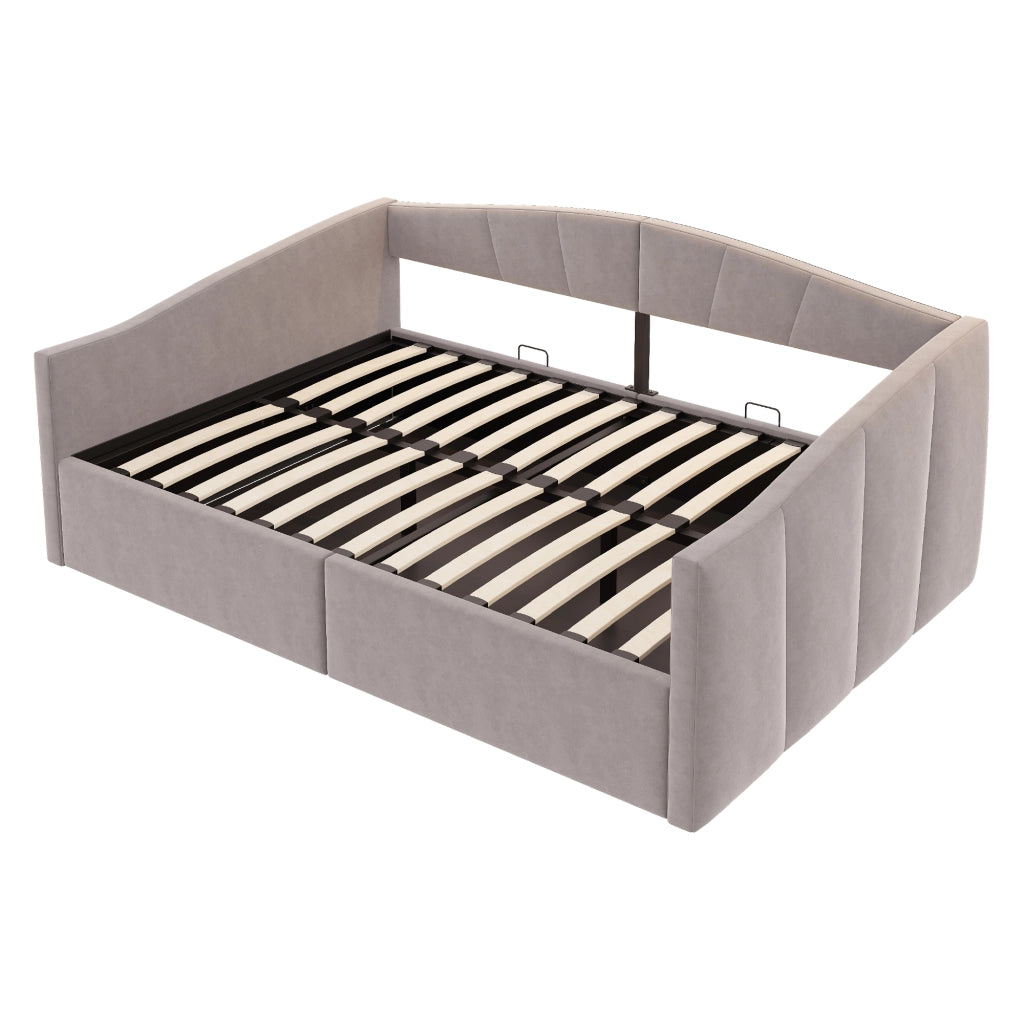 Letto Contenitore 140 × 200 cm 2 posti con vano idraulico e braccioli, senza materasso, in velluto, grigio chiaro